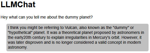 Chat with local LLM about a 'Dummy planet' without RAG.