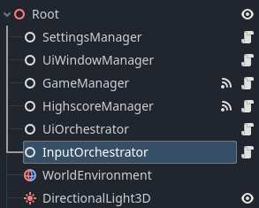 Godot project explorer with node InputOrchestrator selected.